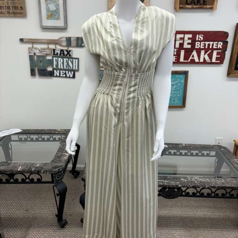 Beige & Cream Vertical Stripe Jumpsuit – Front Zip with Cinched Waist